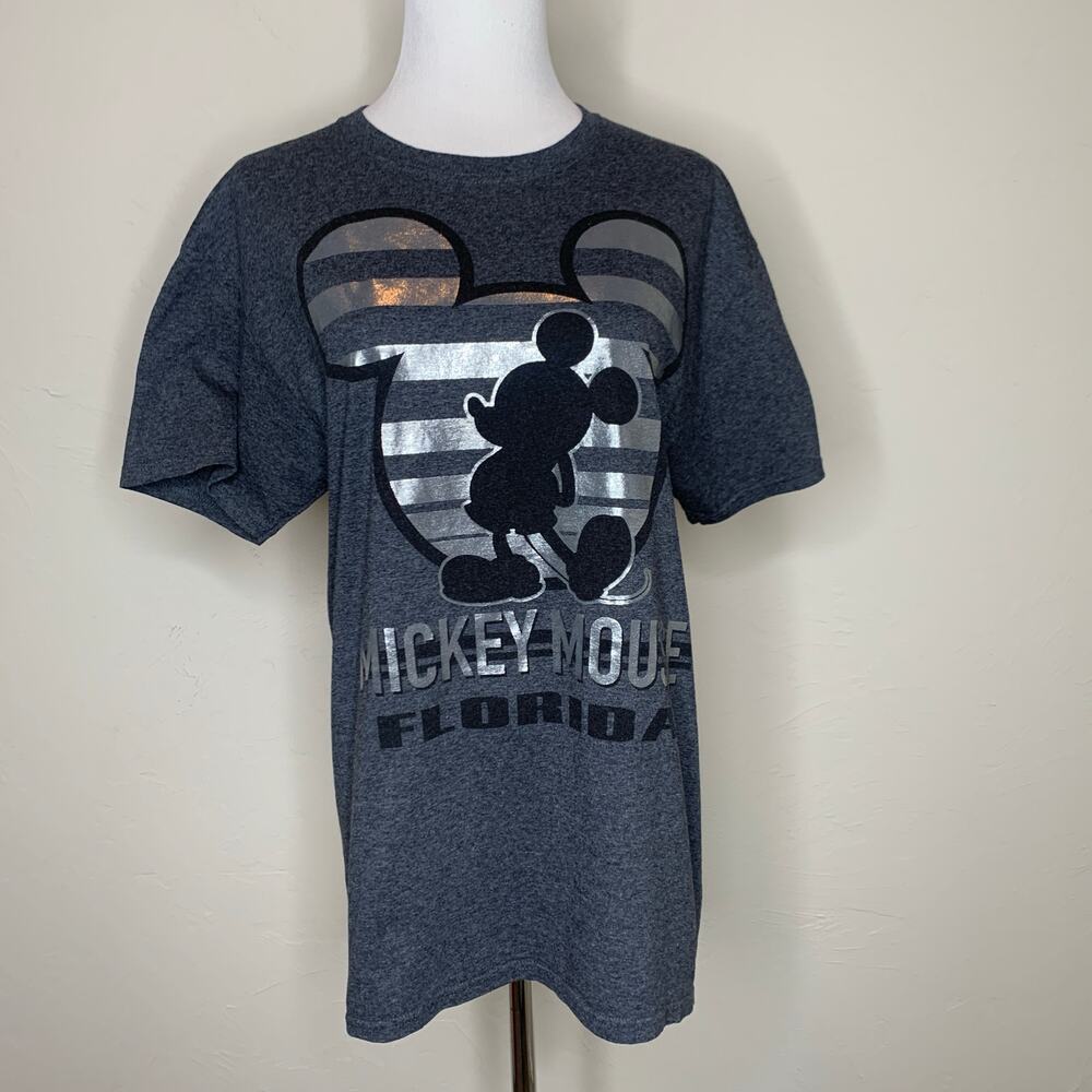 Disney Gray Mickey Mouse Metallic Silver Graphic T Shirt Sz Medium